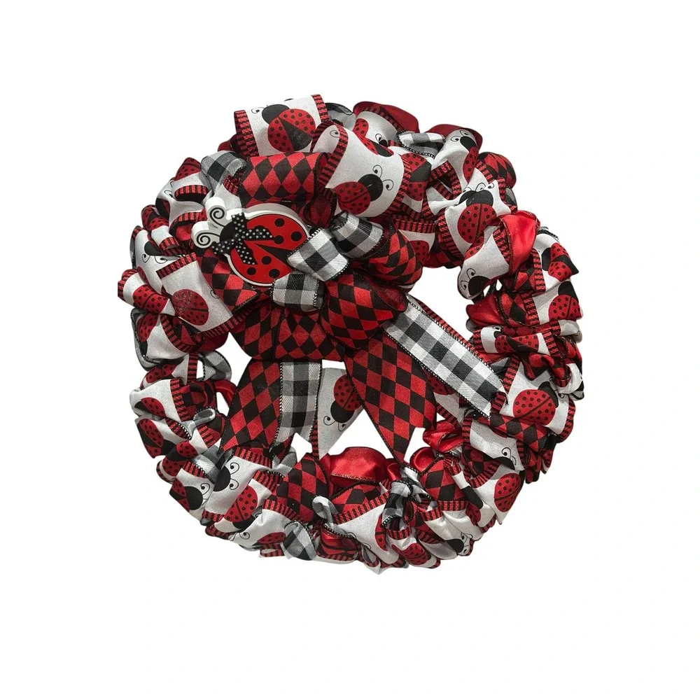 Handmade Ribbon Ladybug Wreath: Vibrant Red Black Decor